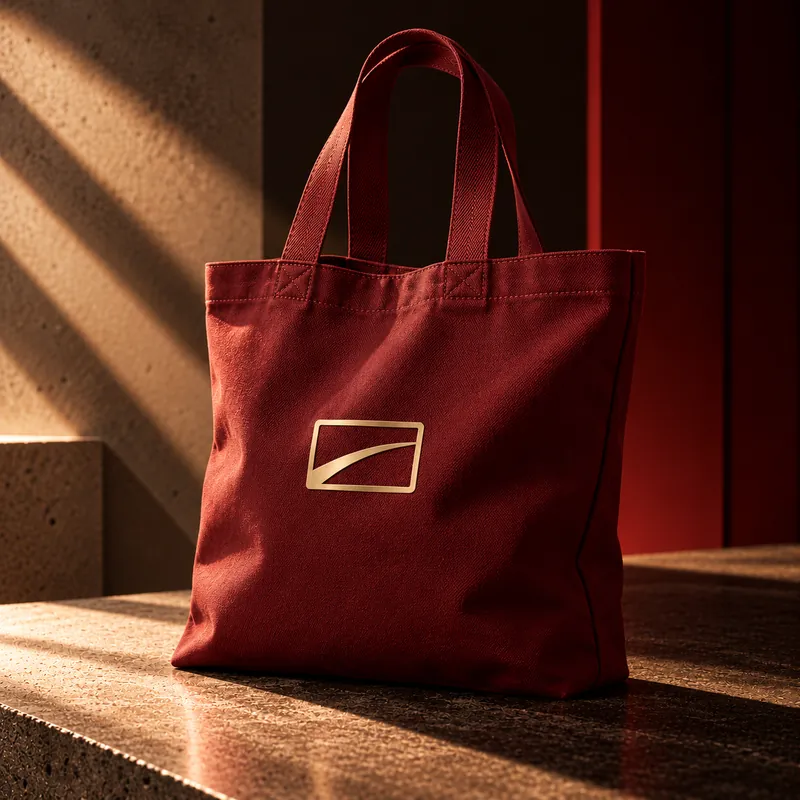Tote bag kanvas merah marun dengan logo PPS emas