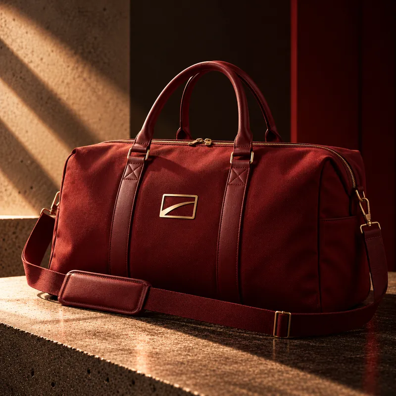 Travel bag merah marun dengan logo PPS emas