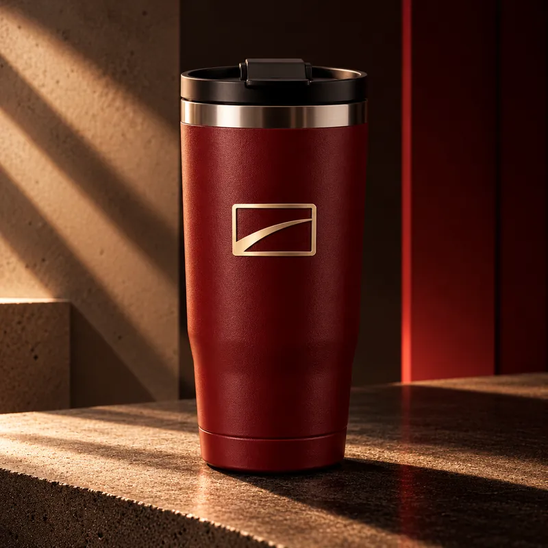 Tumbler merah marun dengan logo PPS emas